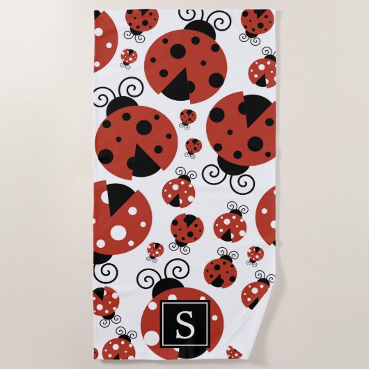 Serviette De Plage Motif De Ladybugs, Red Ladybugs, Monogramme (Devant)