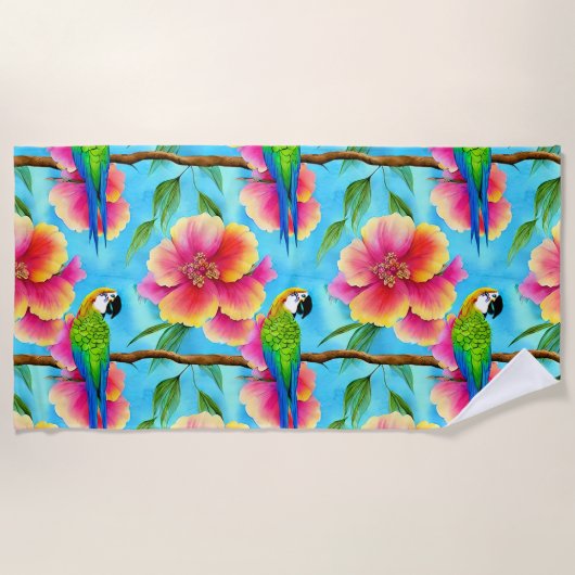 Serviette De Plage Motif de perroquet et de fleurs tropicales (Devant)
