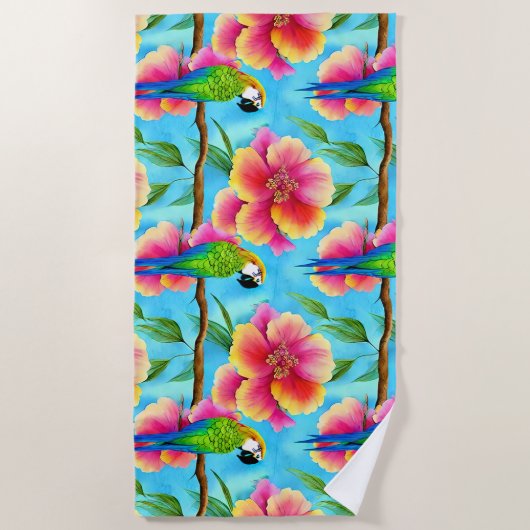 Serviette De Plage Motif de perroquet et de fleurs tropicales (Devant)