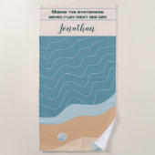 Serviette De Plage Motif de plage abstraite Vagues Lignes Sable bleu  (Devant)