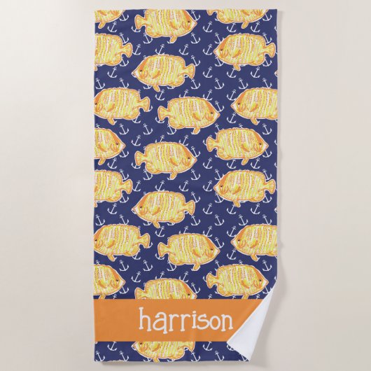 Serviette De Plage Motif de poissons tropicaux colorés Personnalisé (Devant)