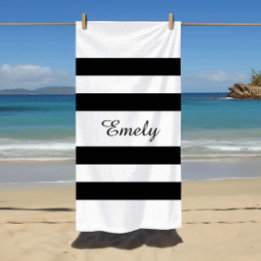 Serviette De Plage Motif de rayures noir et blanc moderne nom