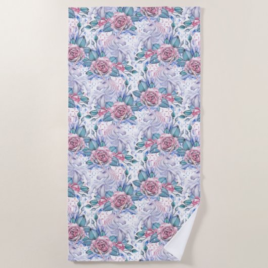 Serviette De Plage Motif de rose de rose et de bleu (Devant)