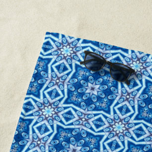 Serviette De Plage Motif de tuiles carré à fleurs de couleur bleue
