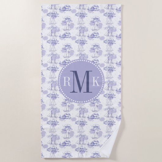 Serviette De Plage Motif de vagues et de bateaux d'aquarelle (Devant)