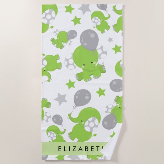 Serviette De Plage Motif Des Eléphants Verts, Étoiles, Votre Nom (Devant)