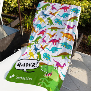 Serviette De Plage Motif Dinosaure coloré avec le nom T-Rex Green