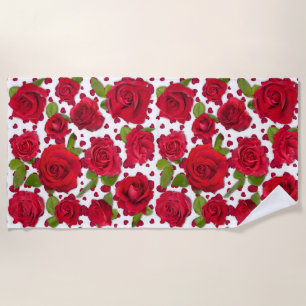 Serviette De Plage Motif Élégant de Roses Florales Rouges et Roses Fo