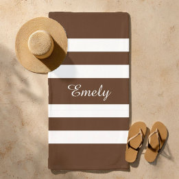 Serviette De Plage Motif élégant moderne marron et blanc rayé