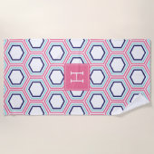 Serviette De Plage Motif et monogramme géométrique rose et bleu (Devant)