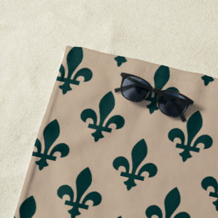 Serviette De Plage Motif Fleur de Lis, Vert Royal Français sur Crème