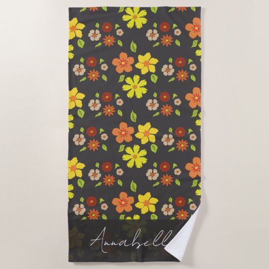 Serviette De Plage Motif Fleur Retro Boho Personnalisé (Devant)