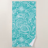 Serviette De Plage Motif Floral Blanc Et Turquoise (Devant)