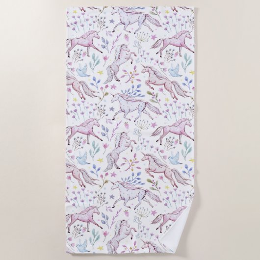 Serviette De Plage Motif floral de licorne d'aquarelle (Devant)