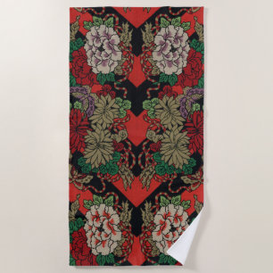Serviette De Plage Motif floral japonais vintage pivoine rouge noir
