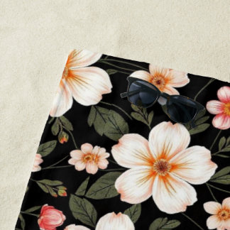 Serviette De Plage Motif floral lumineux sur fond noir