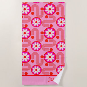Serviette De Plage Motif floral moderne du milieu du siècle avec nom 