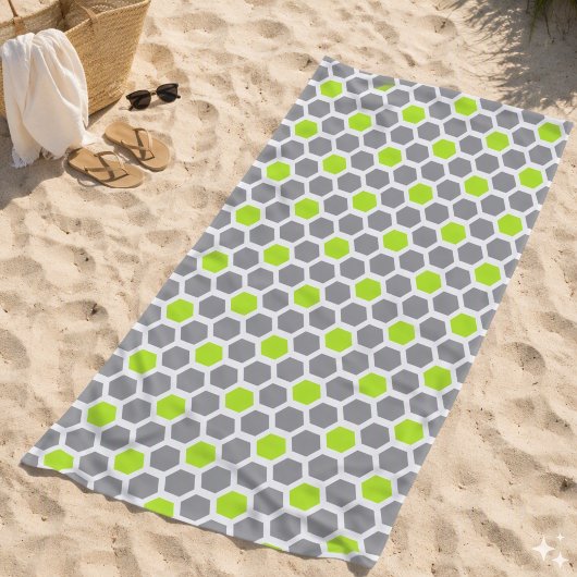 Serviette De Plage Motif géométrique hexagonal gris vert citron moder