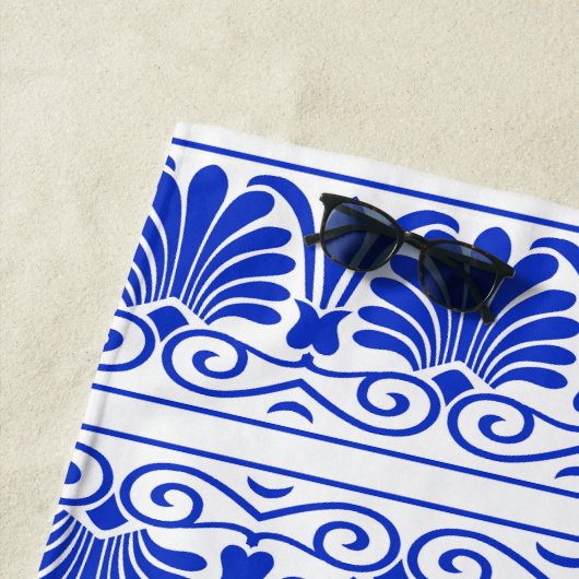 Serviette De Plage Motif grec méditerranéen bleu (En situation)