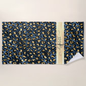 Serviette De Plage Motif léopard bleu or monogramme (Devant)