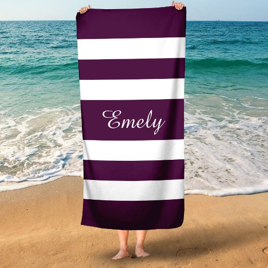 Serviette De Plage Motif moderne élégant violet stries Nom