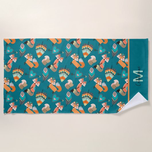 Serviette De Plage Motif Monogramme de Fox Tribal (Devant)