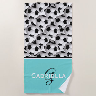 Serviette De Plage Motif noir de ballon de football de monogramme