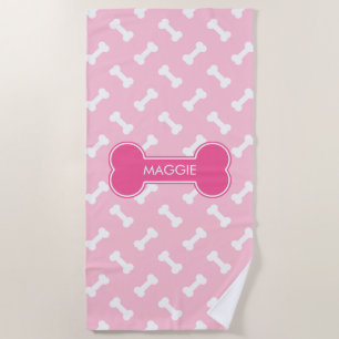 Serviette De Plage Motif Os de Chien Rose et Blanc avec Nom Personnal