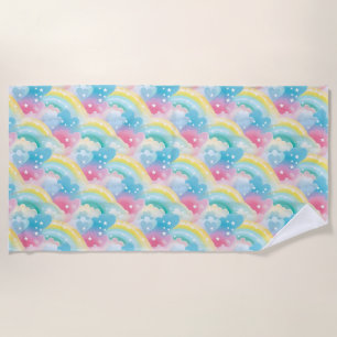 Serviette De Plage Motif Pastel Whimsical avec Coeurs et Arcs-en-ciel