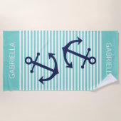 Serviette De Plage Motif personnalisé Aqua Turquoise White Preppy Str (Devant)