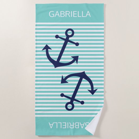 Serviette De Plage Motif personnalisé Aqua Turquoise White Preppy Str (Devant)