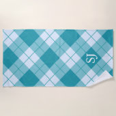 Serviette De Plage Motif plaid blanc et bleu turquoise (Devant)