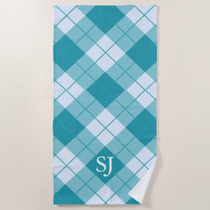 Serviette De Plage Motif plaid blanc et bleu turquoise