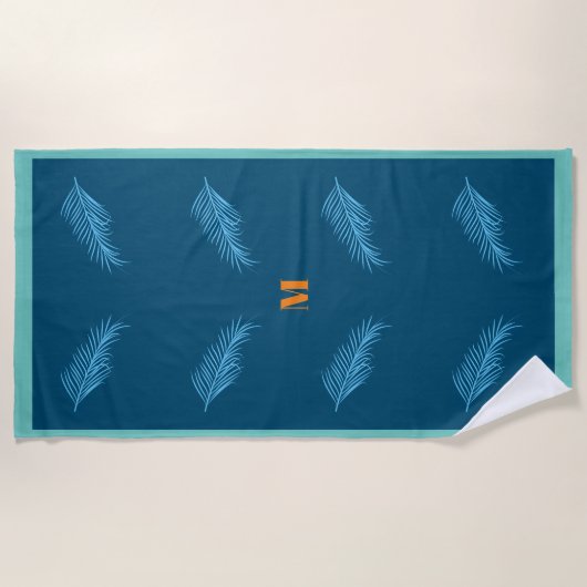 Serviette De Plage Motif Plume Bleue Monogramme Personnalisé Été (Devant)