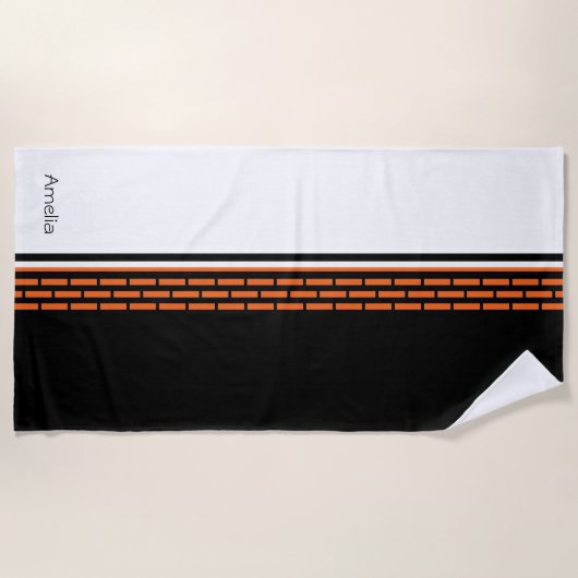Serviette De Plage Motif rayé noir blanc orange Monogram (Devant)