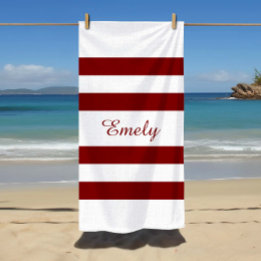 Serviette De Plage Motif rayures bordeaux élégant moderne Nom