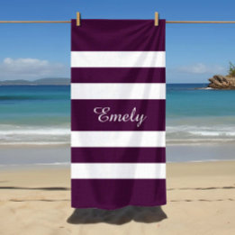 Serviette De Plage Motif rayures violettes élégant moderne Nom