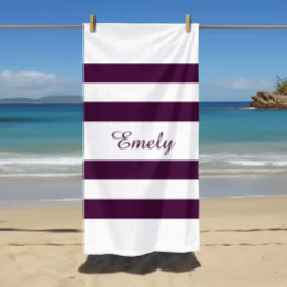 Serviette De Plage Motif rayures violettes élégant moderne Nom