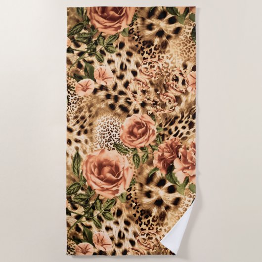 Serviette De Plage Motif Rose avec texture Empreinte de léopard (Devant)