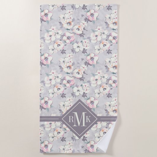 Serviette De Plage Motif rose mou d'aquarelle du monogramme | (Devant)