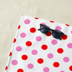 Serviette De Plage Motif Rouge et Rose sur Fond Blanc à Points
