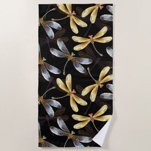 Serviette De Plage Motif sans couture avec libellules d'or (Devant)