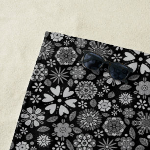 Serviette De Plage Motif sans couture d'art floral rétro noir et gris