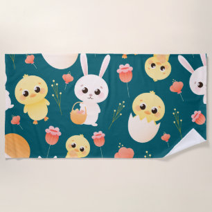 Serviette De Plage Motif sans couture de poussins et de lapins de Pâq