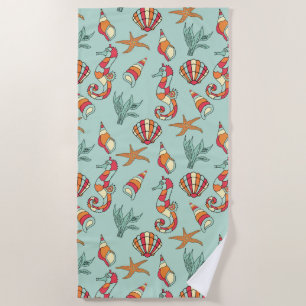 Serviette De Plage Motif Seahorse et Seashell Turquoise