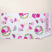 Serviette De Plage Motif tropical, Flamants roses, Fleurs, Votre Nom (Devant)