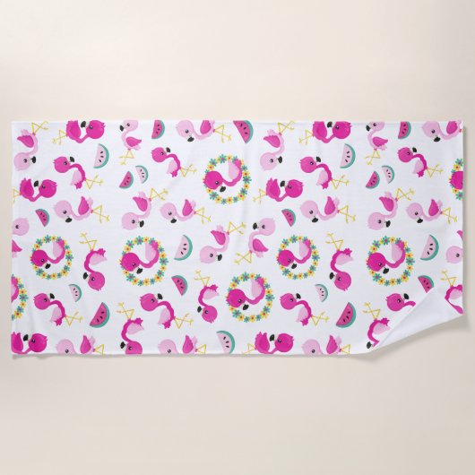 Serviette De Plage Motif tropical, Flamants roses, pastèques, Fleurs (Devant)