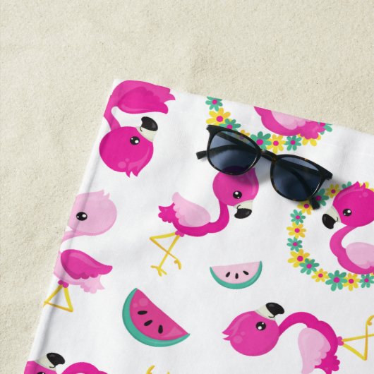 Serviette De Plage Motif tropical, Flamants roses, pastèques, Fleurs (En situation)