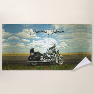 Serviette De Plage Moto noir et argent et ciel bleu