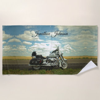 Serviette De Plage Moto noir et argent et ciel bleu
